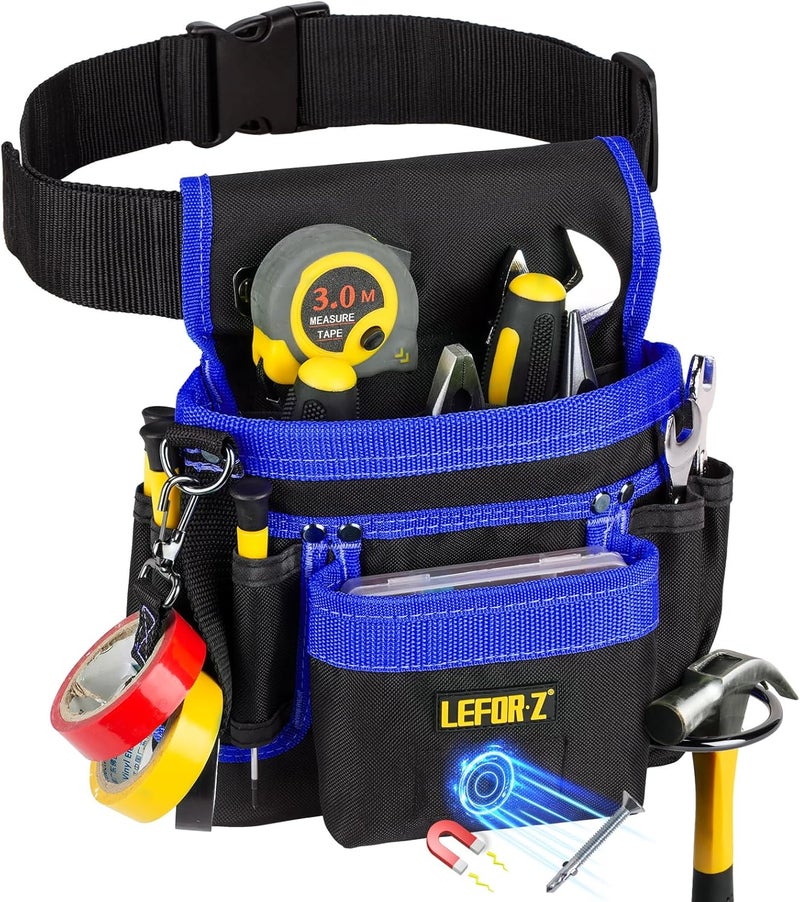 LEFORZ Tool Belt,Magnetic Tool Pouch,14-Pockets Tool Belts for Men,Detachable & Adjustable Tool Pouch belt for Electrician,Carpenter,Construction,Work Apron,Utility Belt,Black-Blue - Image 1